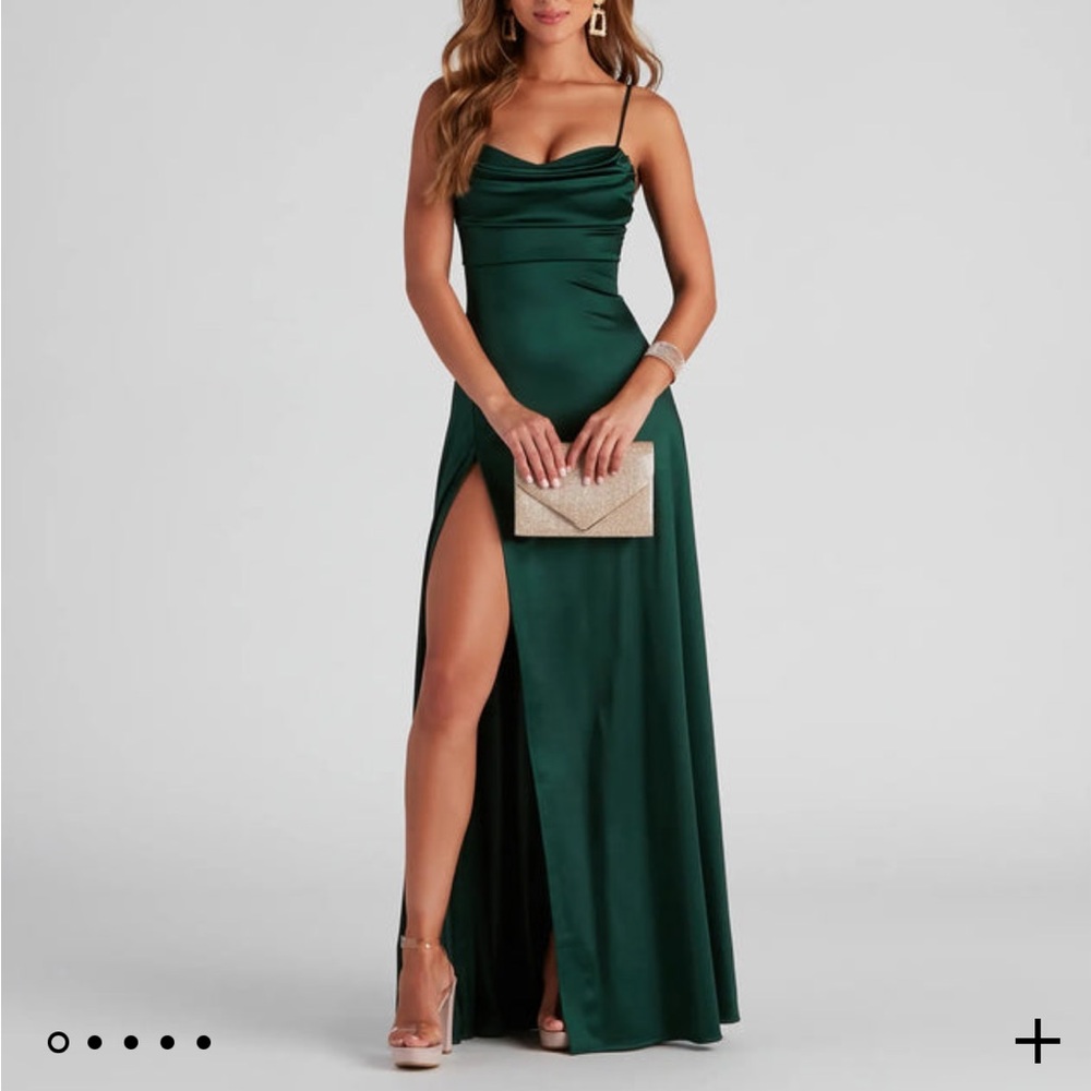 Formal Satin Cowl Neck Dress - Green